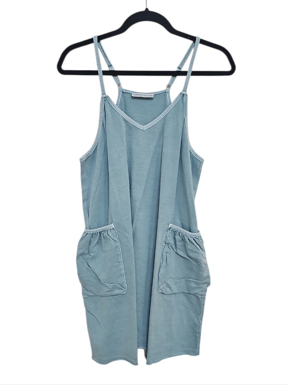 Zenana Blue Green Washed Tank Romper Dress Size L Cotton Pockets New